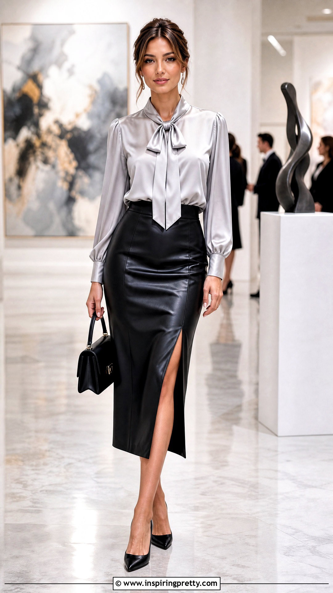 Silver Top With Faux Leather Midi Skirt - 50 silver top outfit ideas