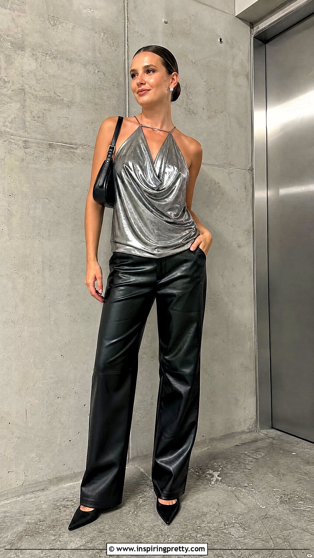 Silver Top With Faux Leather Pants - 20 Shiny Silver Fashion Top outfit ideas