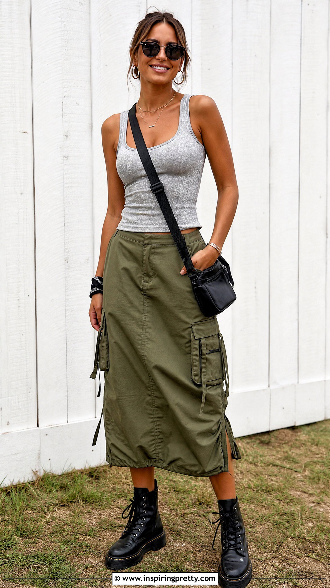 Silver Top With Olive Cargo Skirt - 50 silver top outfit ideas
