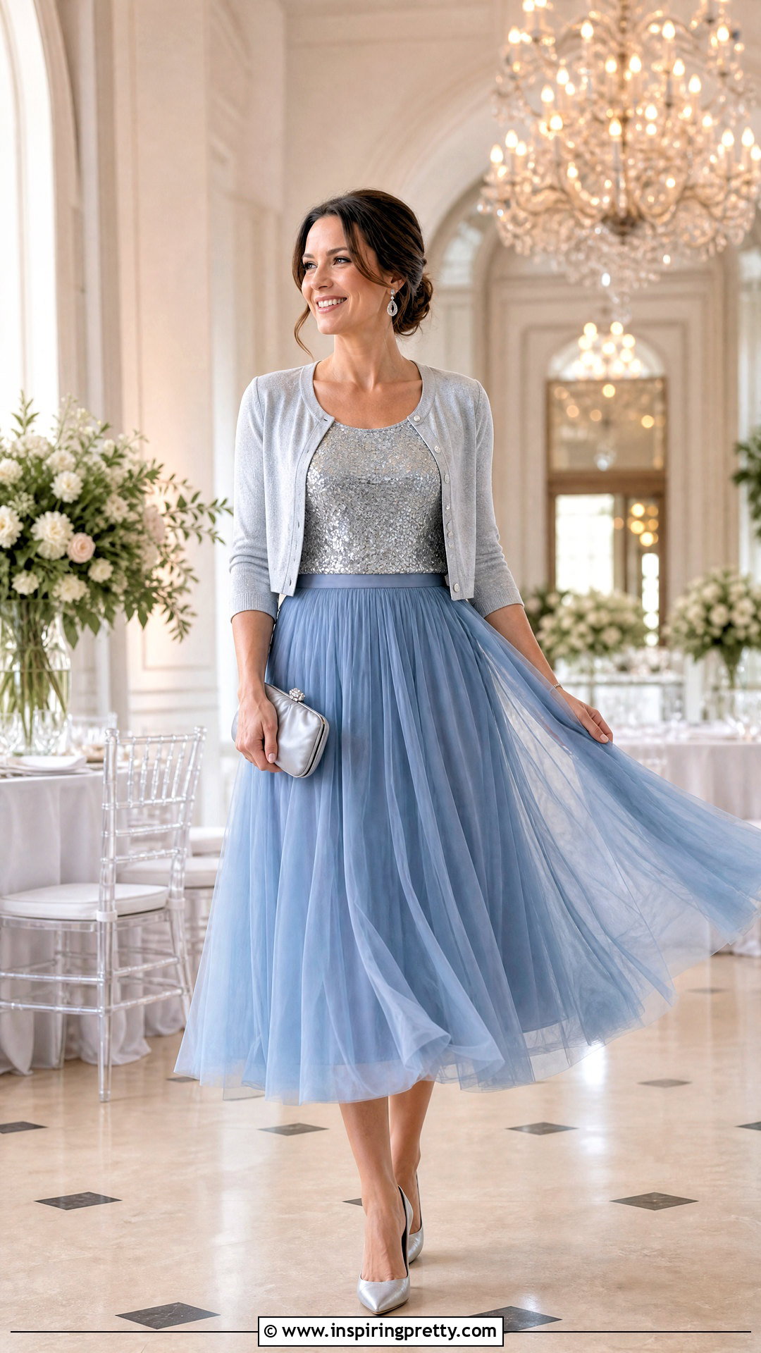 Silver Top With Tulle Midi Skirt - 50 silver top outfit ideas
