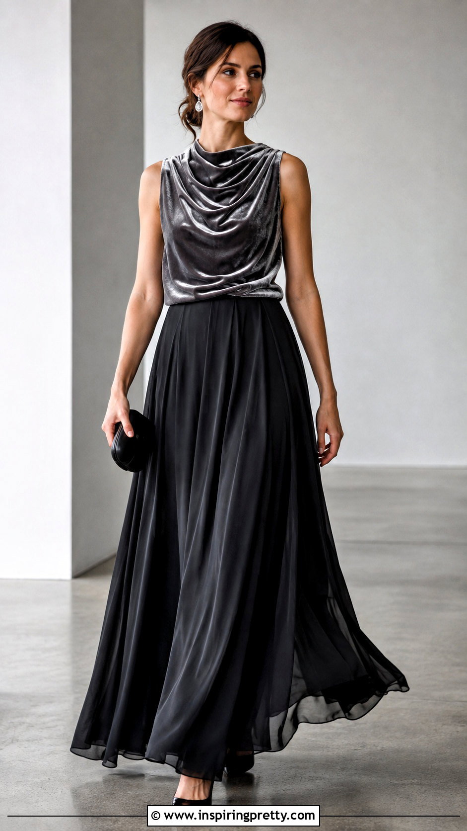 Silver Velvet Top With Black Maxi Skirt - 50 velvet tops outfit ideas