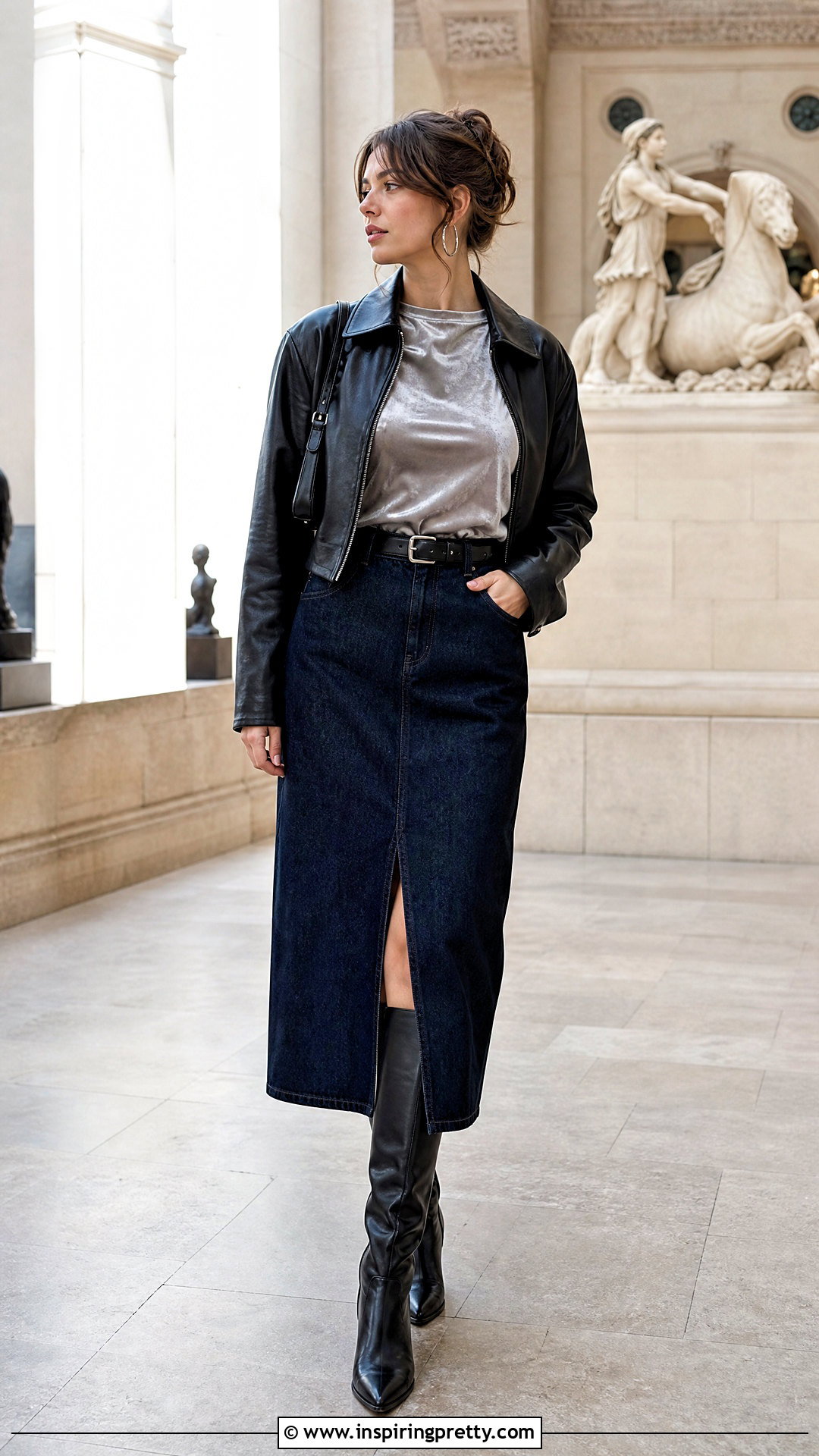 Silver Velvet Top With Denim Midi Skirt - 25 silver velvet top outfit ideas