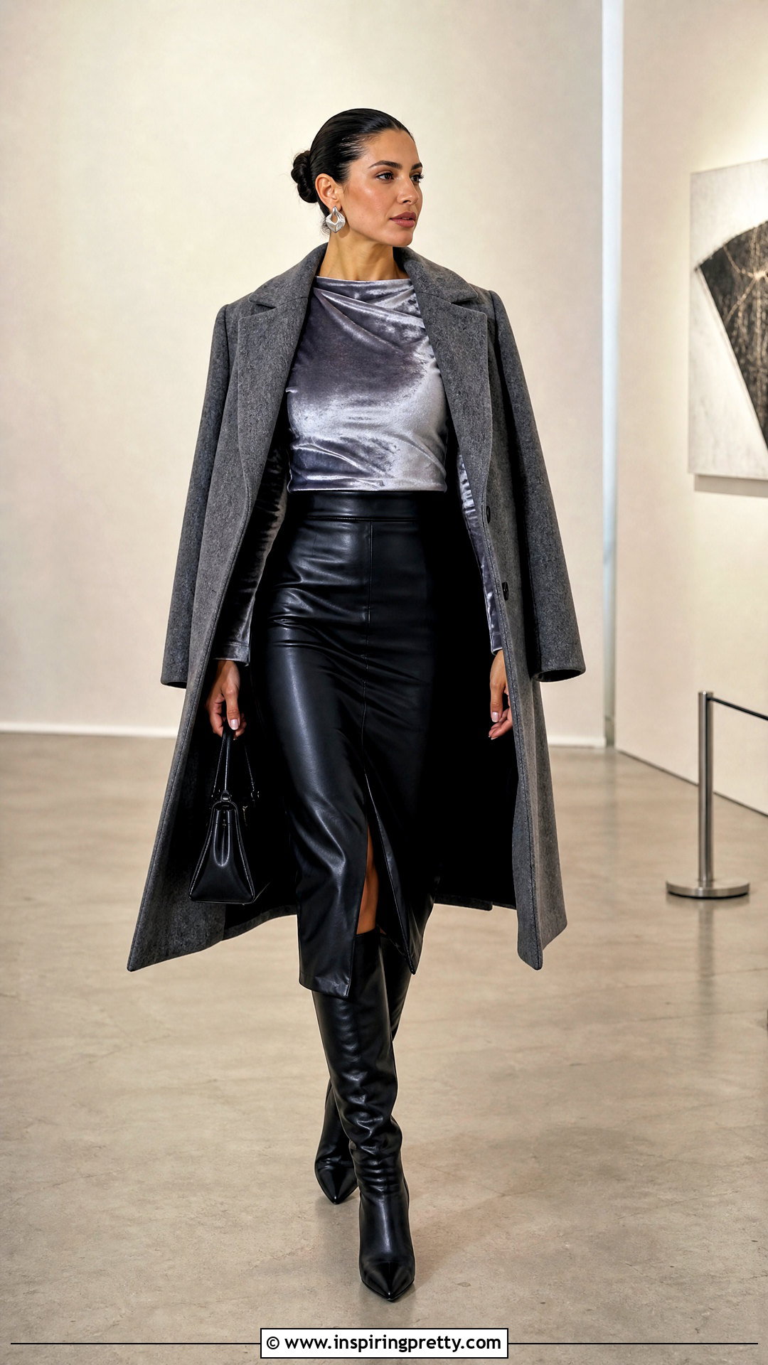 Silver Velvet Top With Faux Leather Midi Skirt - 25 silver velvet top outfit ideas