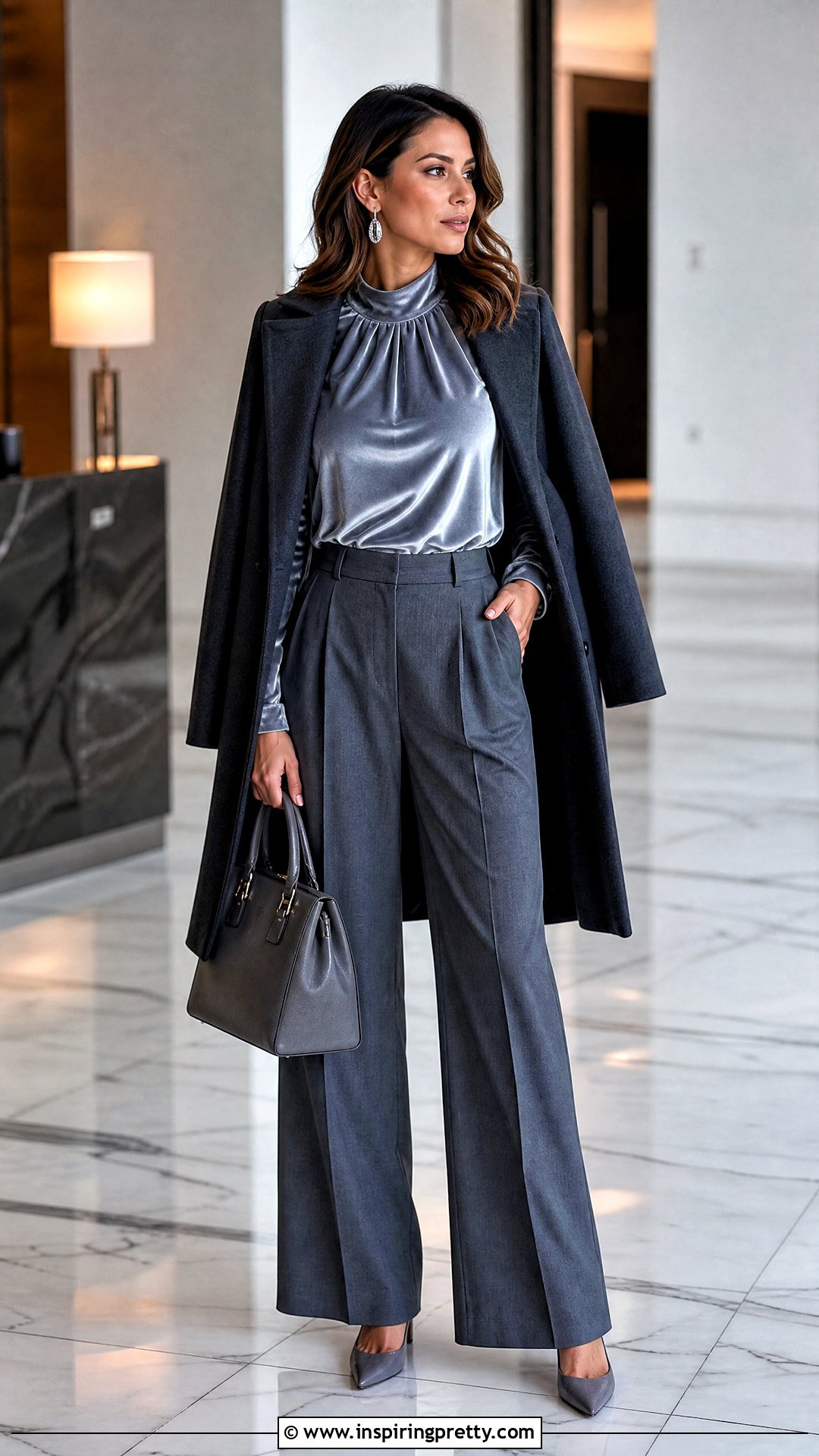 Silver Velvet Top With Gray Tailored Trousers - 25 silver velvet top outfit ideas