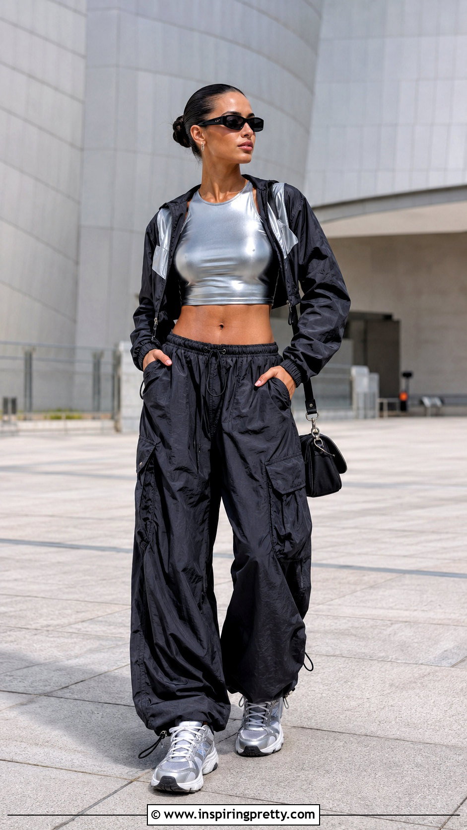 Silver Wet Look Crop Top With Parachute Pants - 20 Wet Look Crop Top outfit ideas