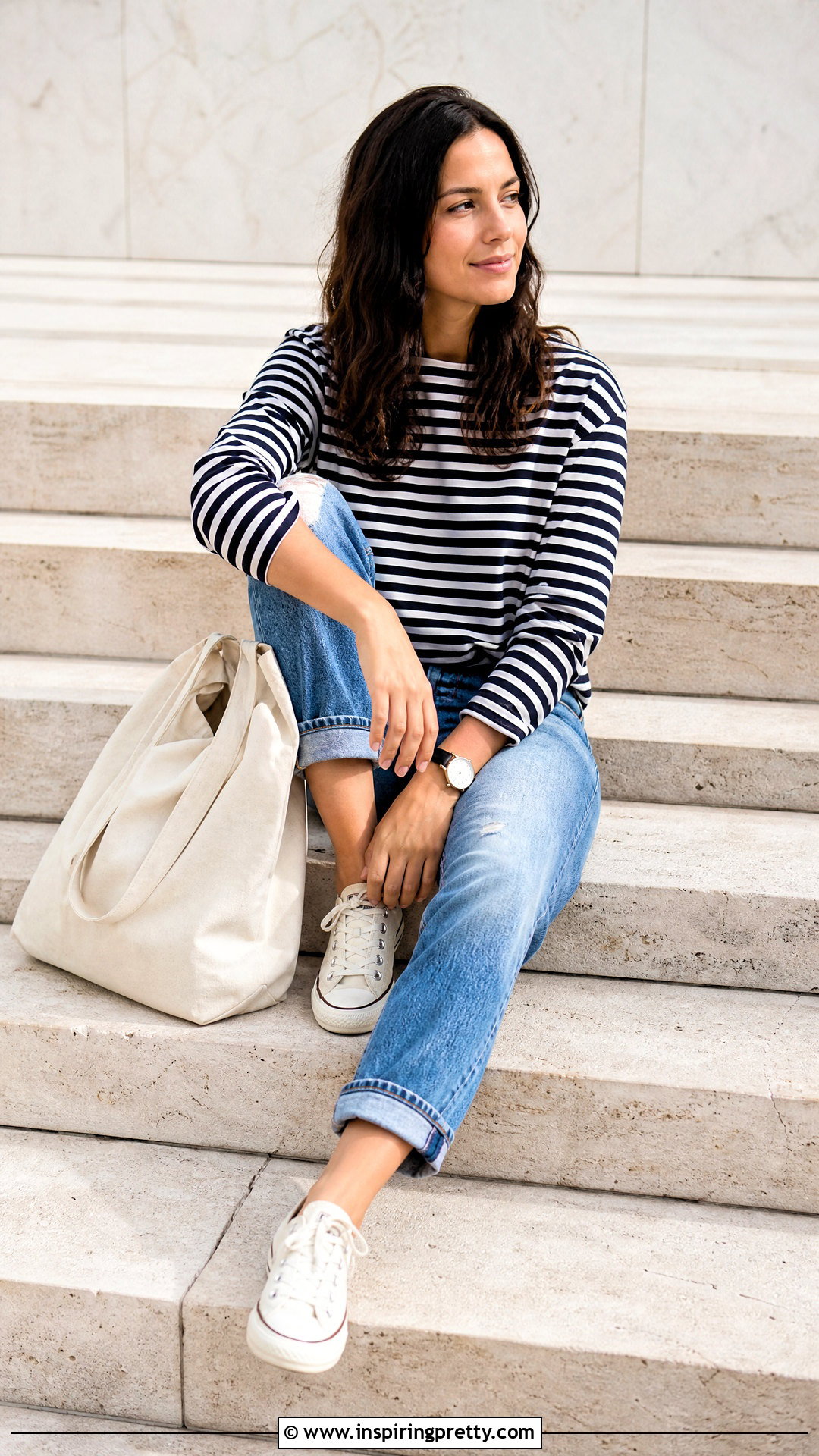 Sitting On Steps Pose With Striped Top And Boyfriend Jeans - 50 Photo Poses In Jeans Tops