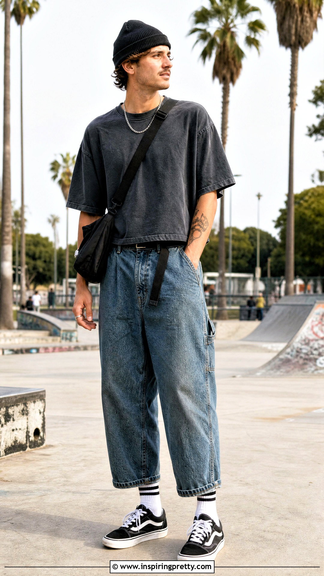 Skater Crop Top With Carpenter Jeans - 50 male crop top outfit ideas