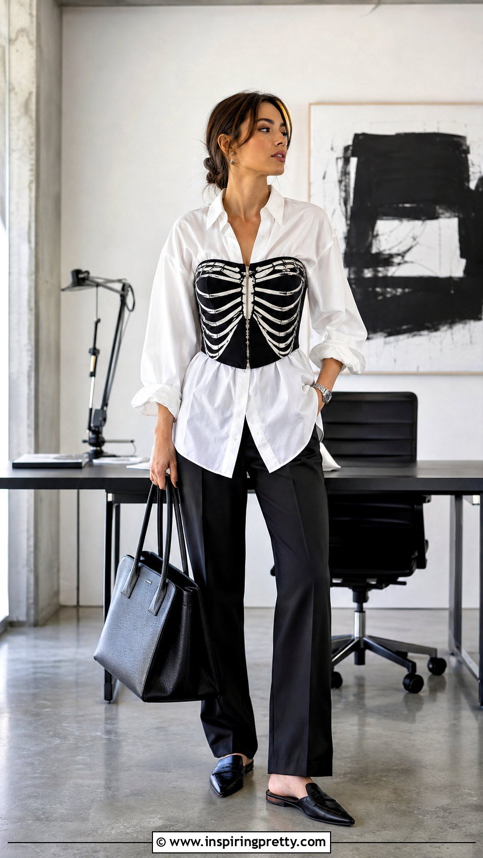 Skeleton Corset Top Over A White Button Down Shirt - 25 skeleton corset top outfit ideas
