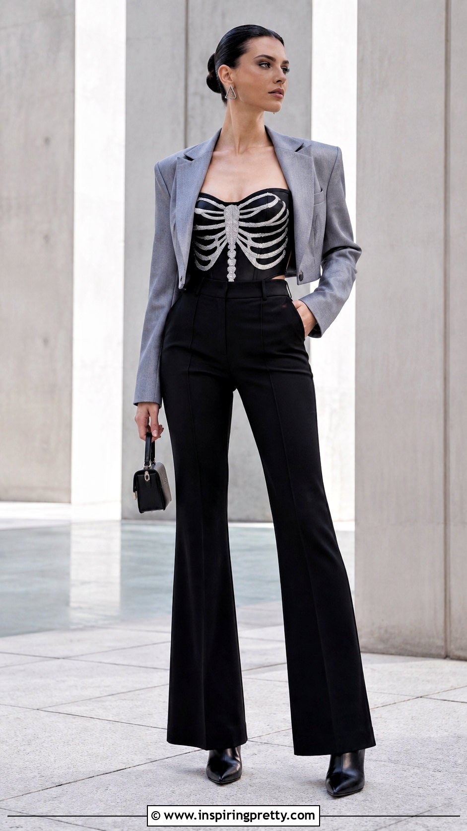 Skeleton Corset Top With A Cropped Blazer - 25 skeleton corset top outfit ideas