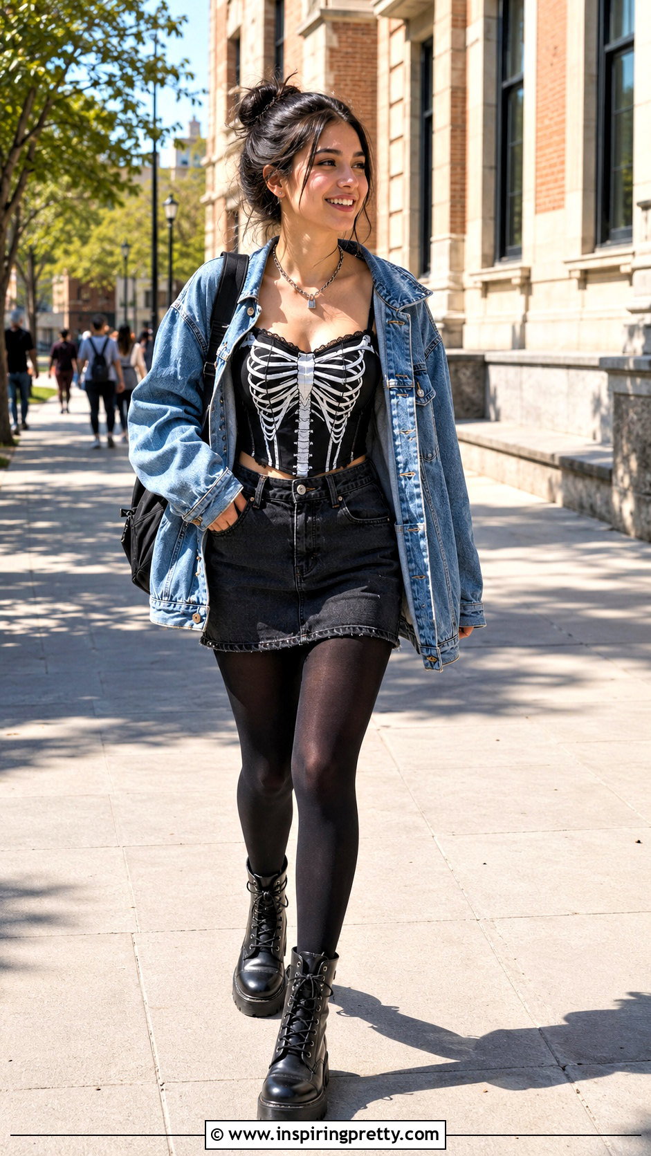 Skeleton Corset Top With A Denim Jacket And Mini Skirt - 25 skeleton corset top outfit ideas