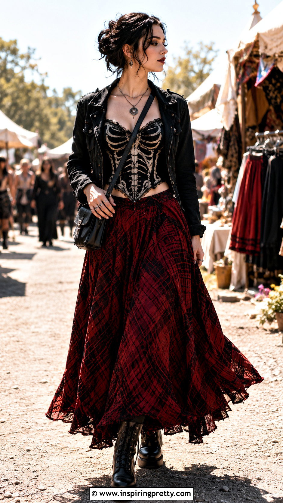 Skeleton Corset Top With A Plaid Maxi Skirt - 25 skeleton corset top outfit ideas