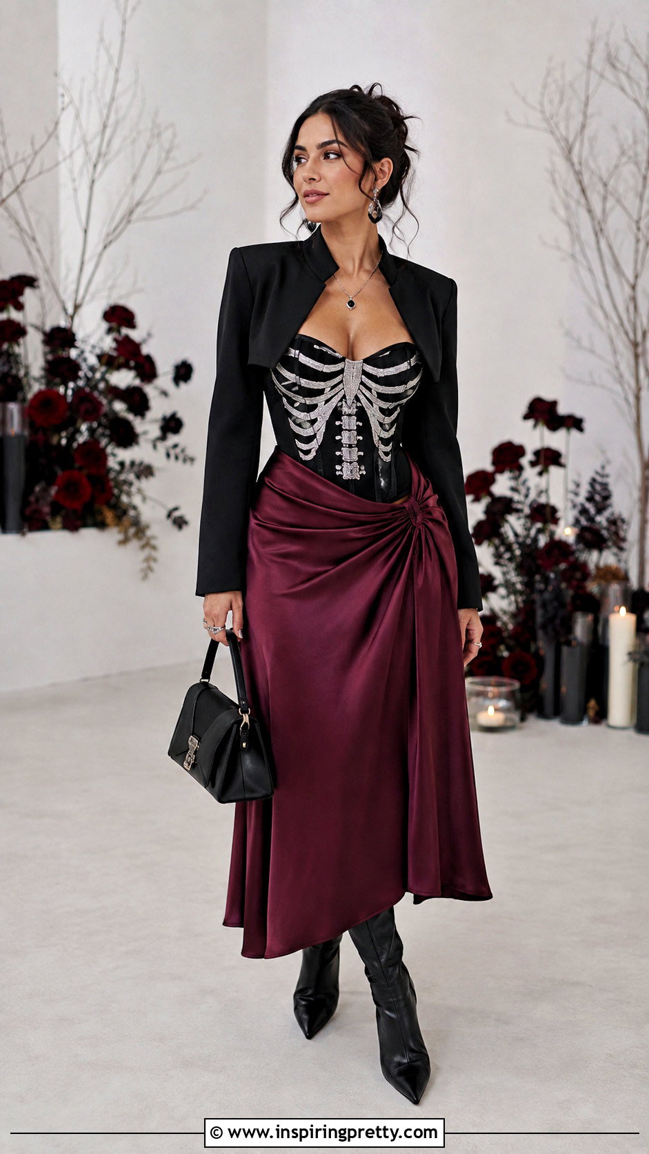 Skeleton Corset Top With A Red Midi Skirt - 25 skeleton corset top outfit ideas