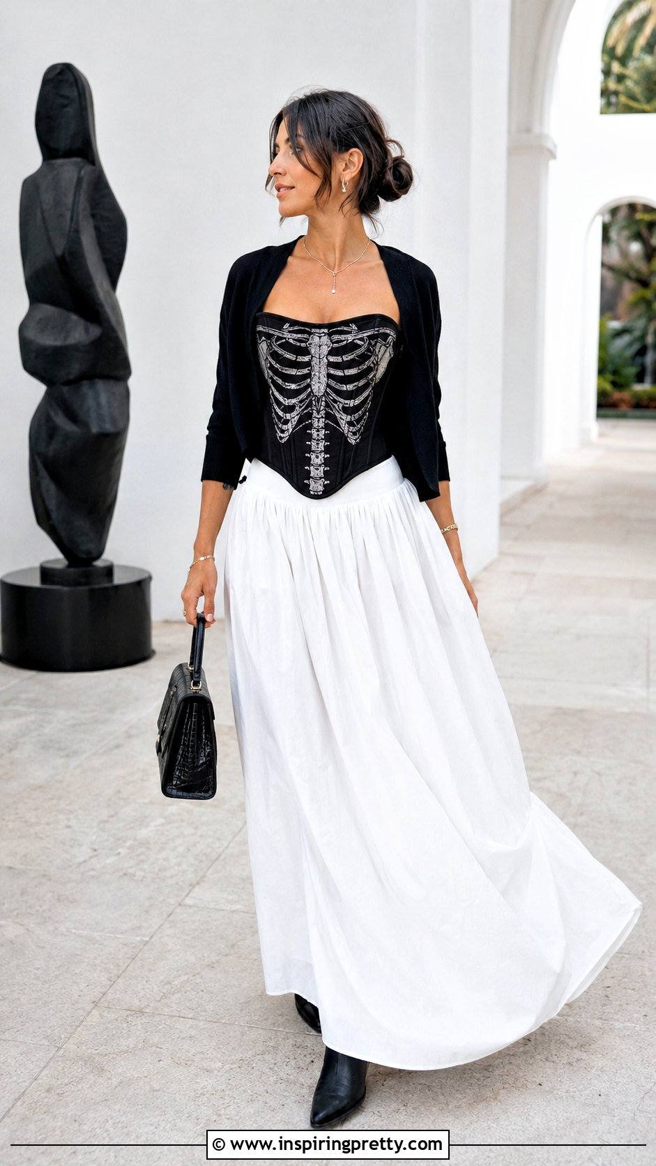 Skeleton Corset Top With A White Maxi Skirt - 25 skeleton corset top outfit ideas