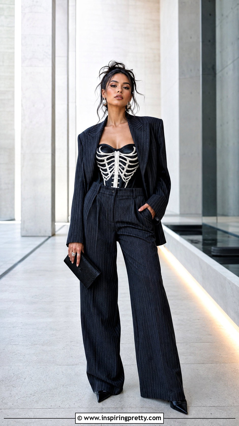 Skeleton Corset Top With An Oversized Suit - 25 skeleton corset top outfit ideas