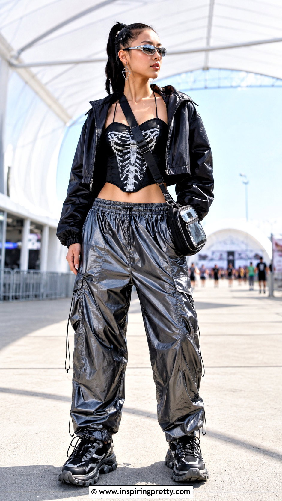Skeleton Corset Top With Parachute Pants - 25 skeleton corset top outfit ideas