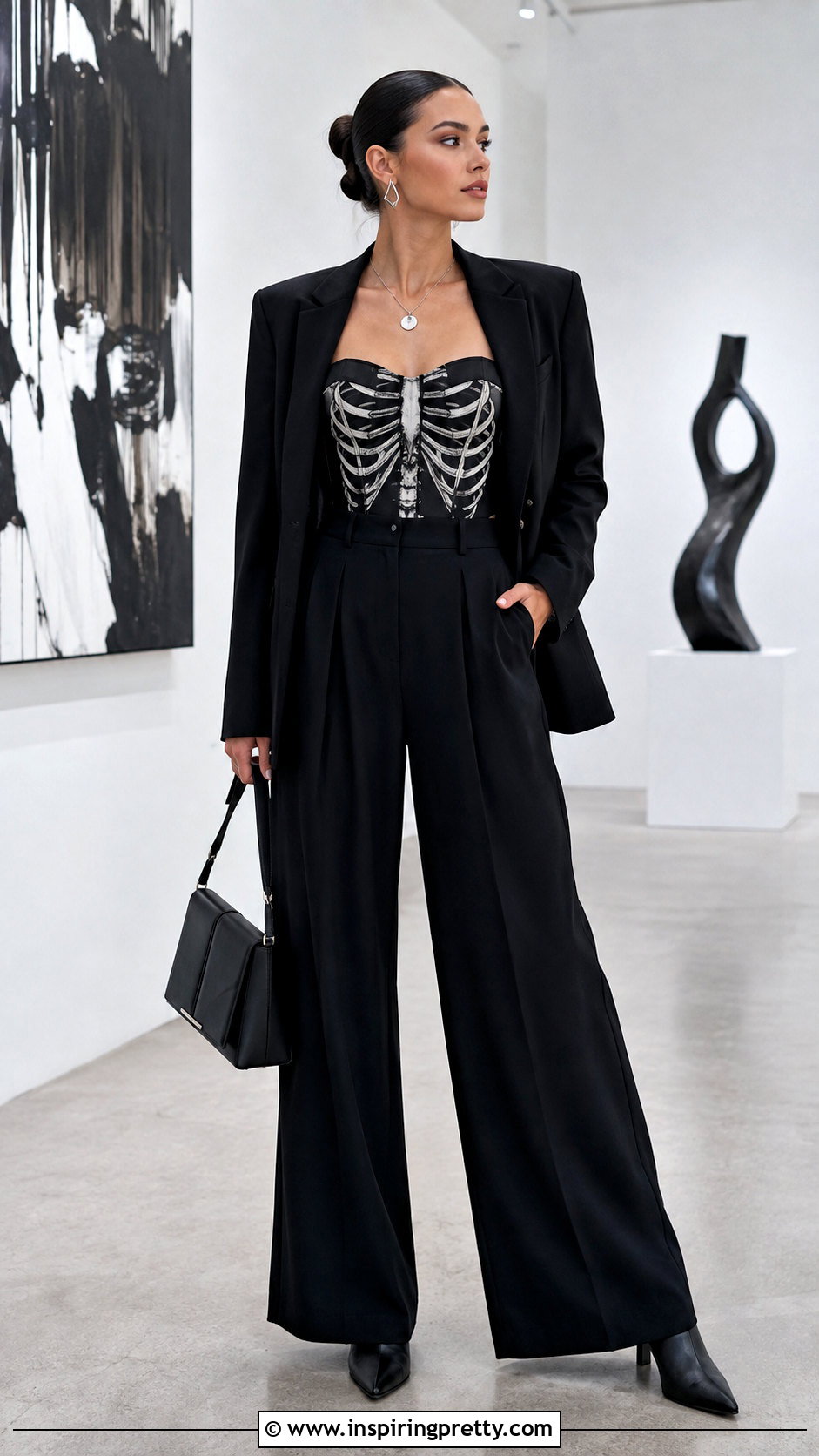 Skeleton Corset Top With Wide Leg Trousers - 25 skeleton corset top outfit ideas