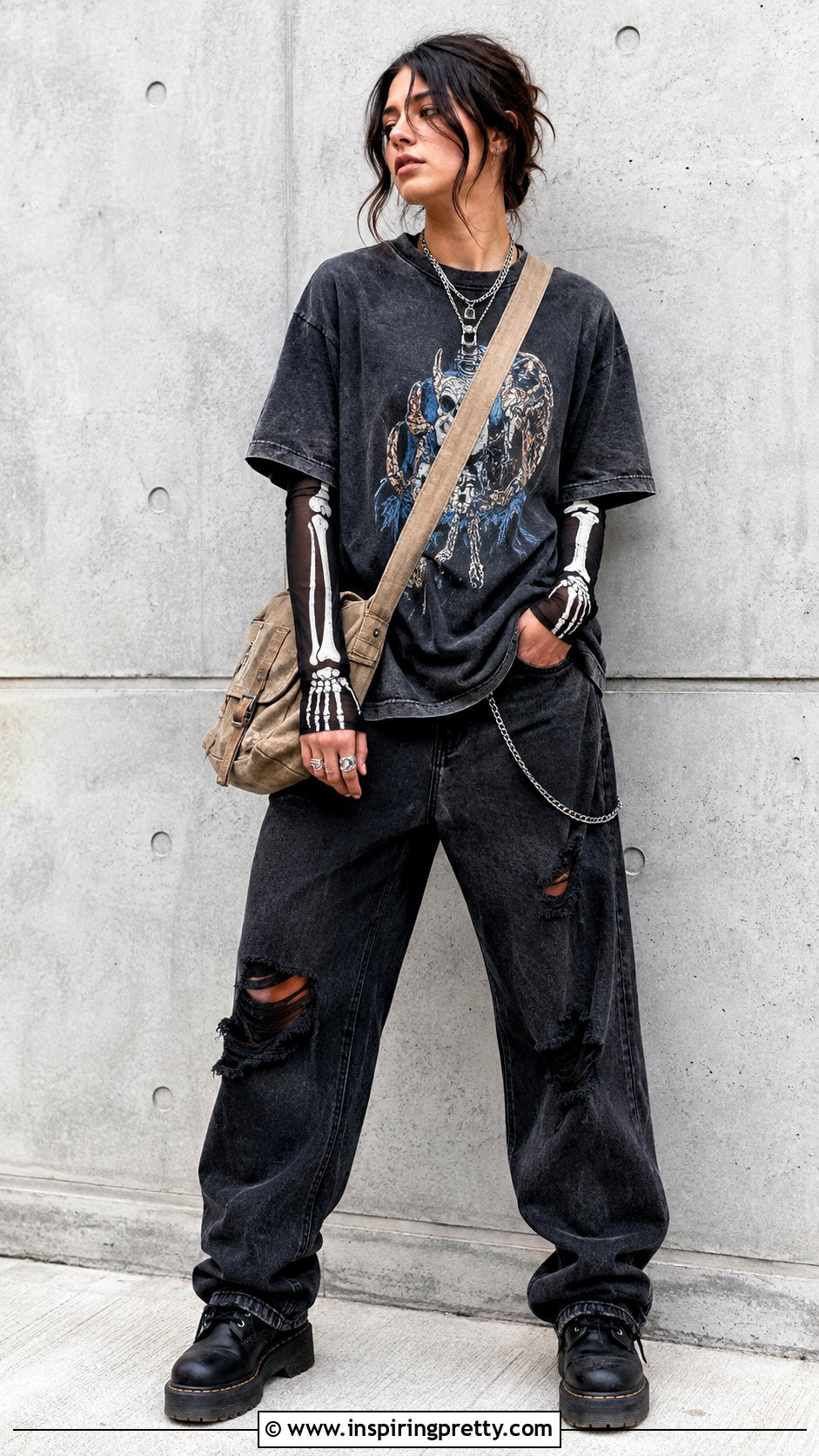 Skeleton Mesh Top Under An Oversized Graphic Tee - 25 Skeleton Mesh Top outfit ideas