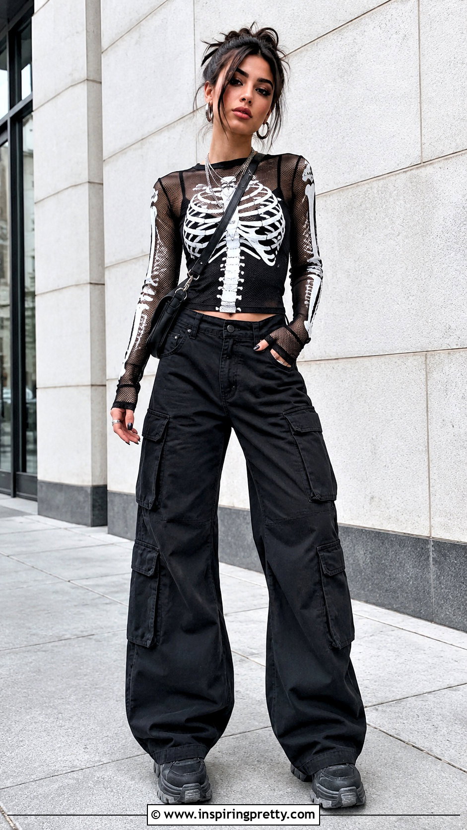 Skeleton Mesh Top With Black Cargo Pants - 25 Skeleton Mesh Top outfit ideas