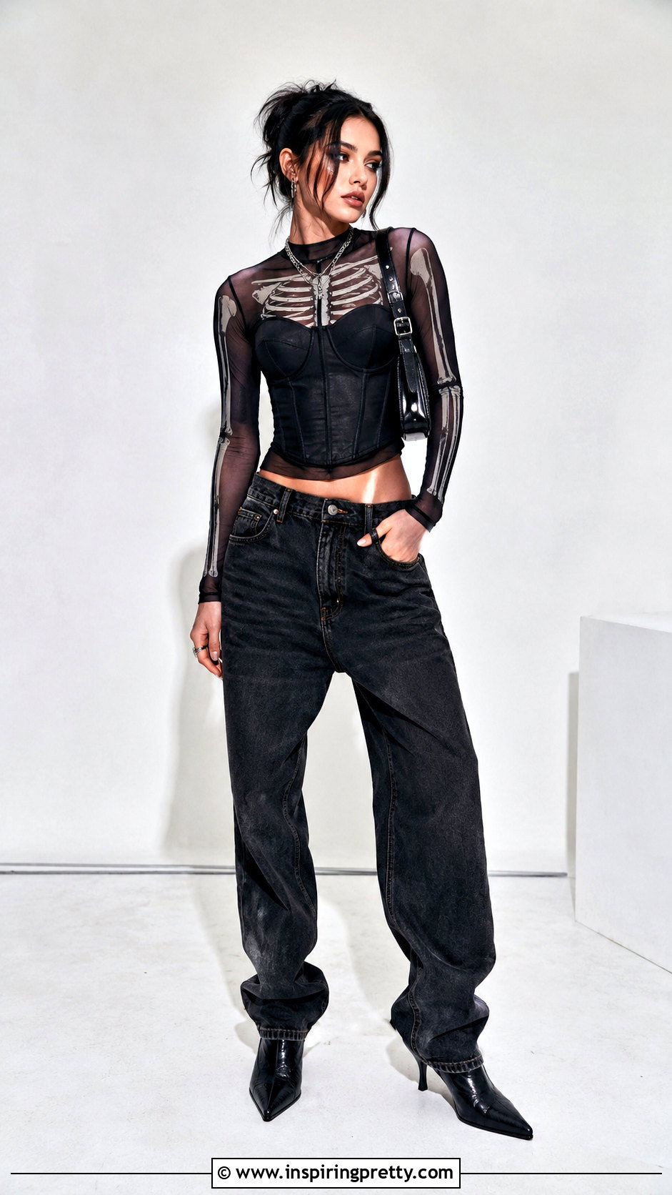 Skeleton Mesh Top With Black Corset And Jeans - 25 Skeleton Mesh Top outfit ideas