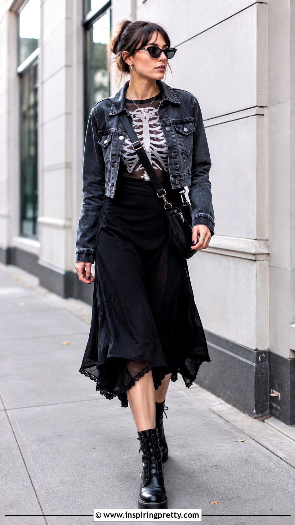 Skeleton Mesh Top With Denim Jacket And Midi Skirt - 25 Skeleton Mesh Top outfit ideas