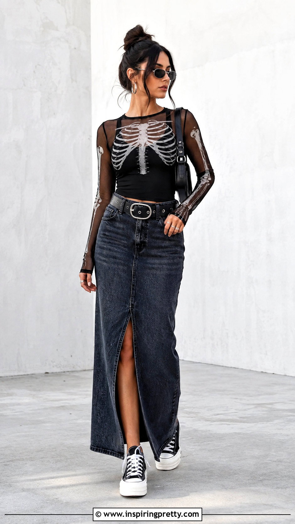 Skeleton Mesh Top With Denim Maxi Skirt - 25 Skeleton Mesh Top outfit ideas