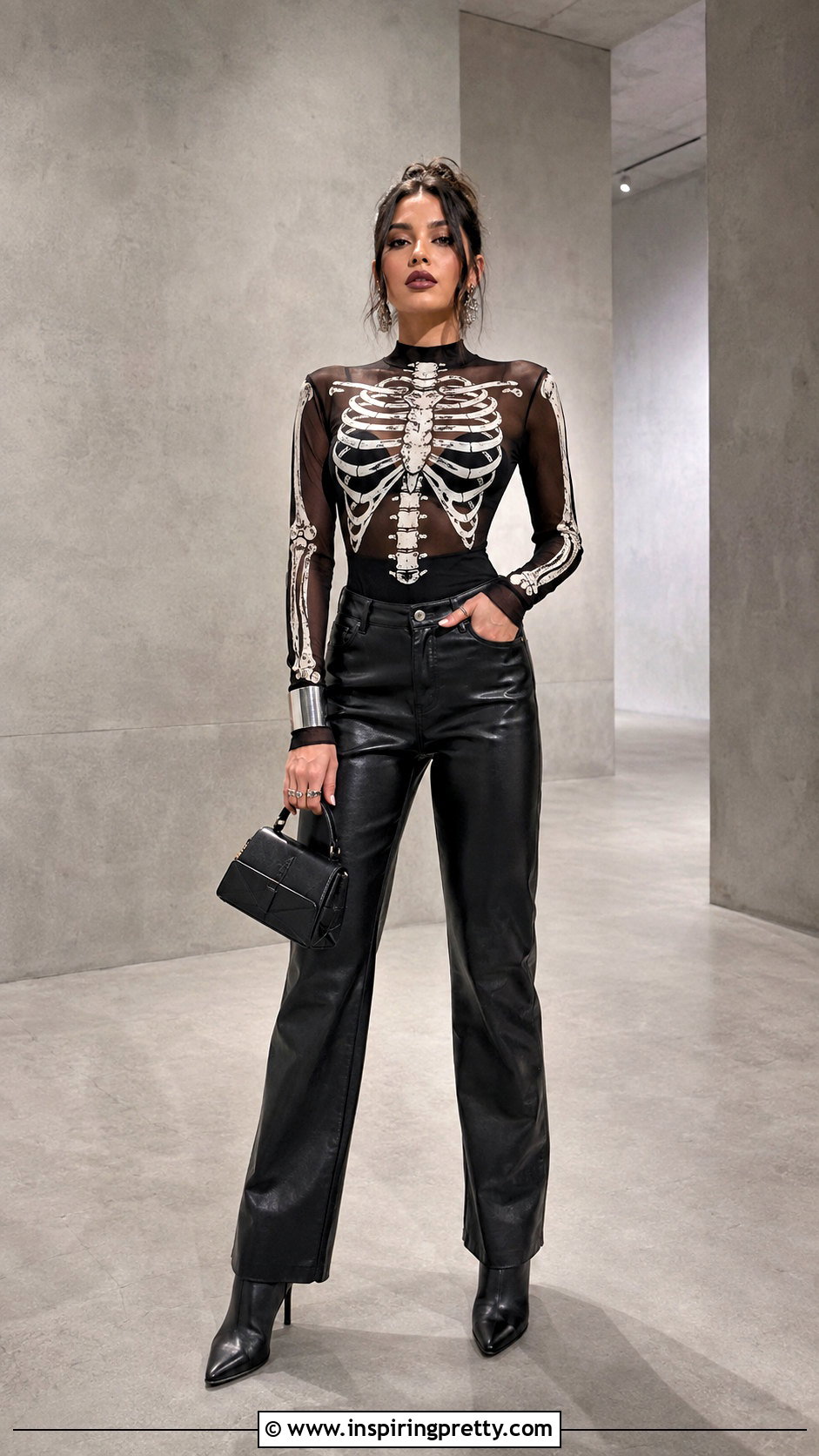Skeleton Mesh Top With Faux Leather Pants - 25 Skeleton Mesh Top outfit ideas