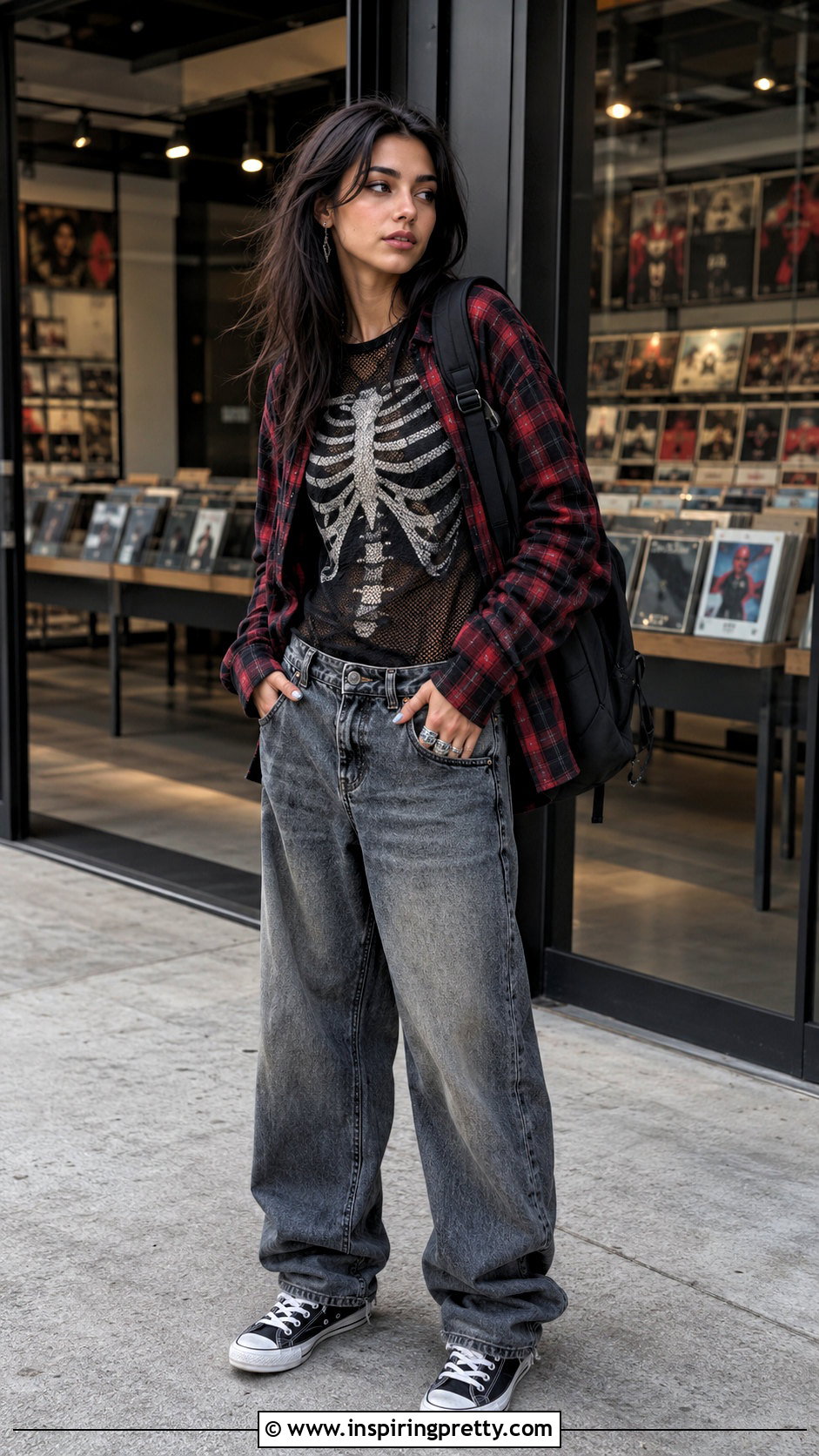 Skeleton Mesh Top With Flannel And Baggy Jeans - 25 Skeleton Mesh Top outfit ideas