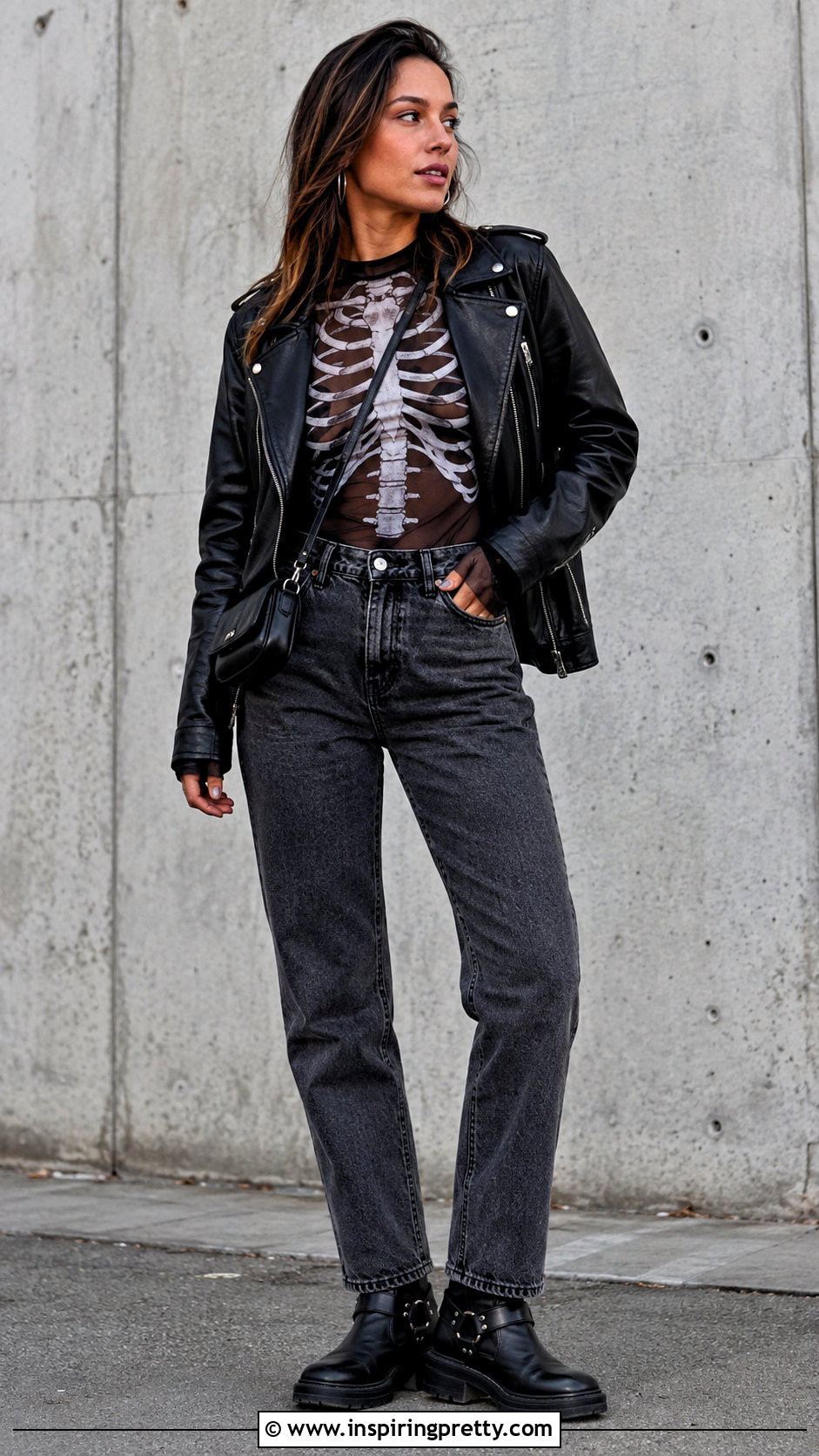Skeleton Mesh Top With Leather Jacket And Straight Jeans - 25 Skeleton Mesh Top outfit ideas