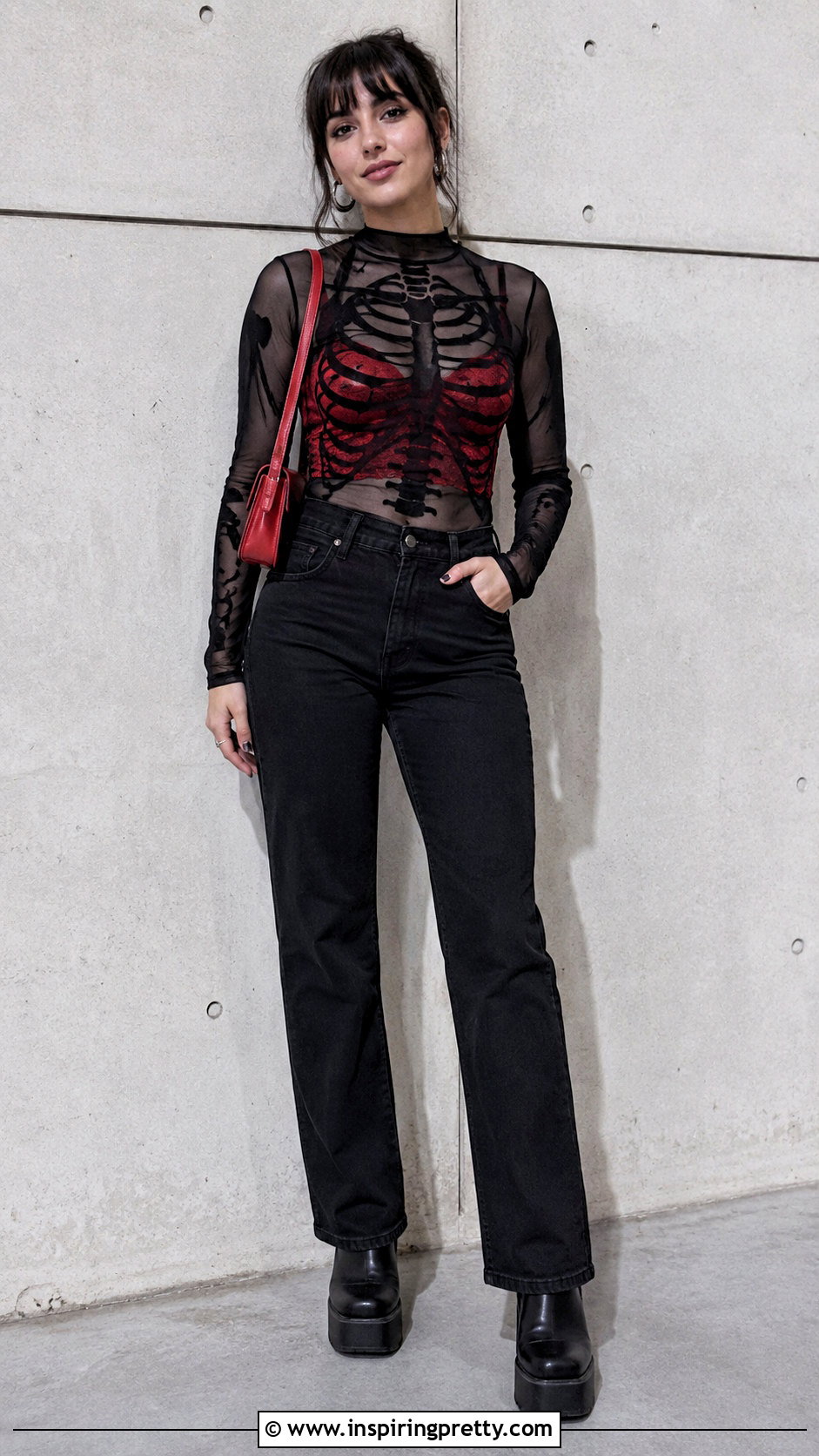 Skeleton Mesh Top With Red Bralette And Black Jeans - 25 Skeleton Mesh Top outfit ideas