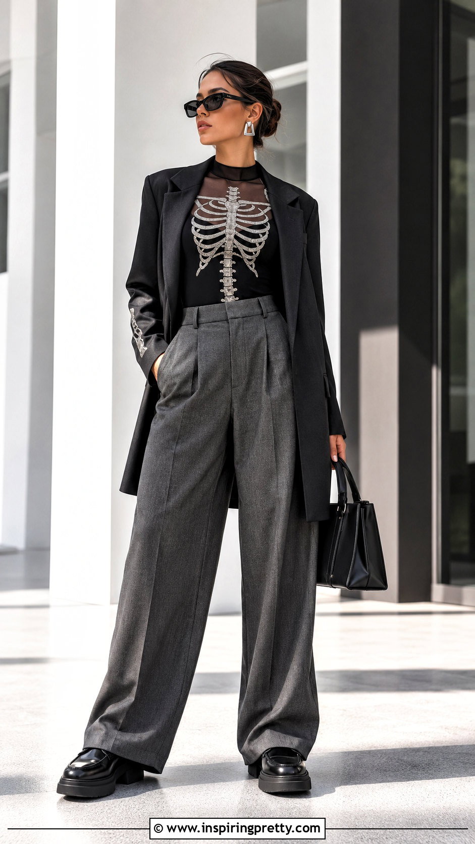 Skeleton Mesh Top With Wide Leg Trousers - 25 Skeleton Mesh Top outfit ideas