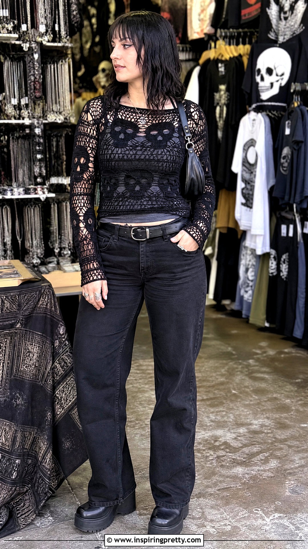 Skull Crochet Top With Black Denim - 50 goth crochet top outfit ideas