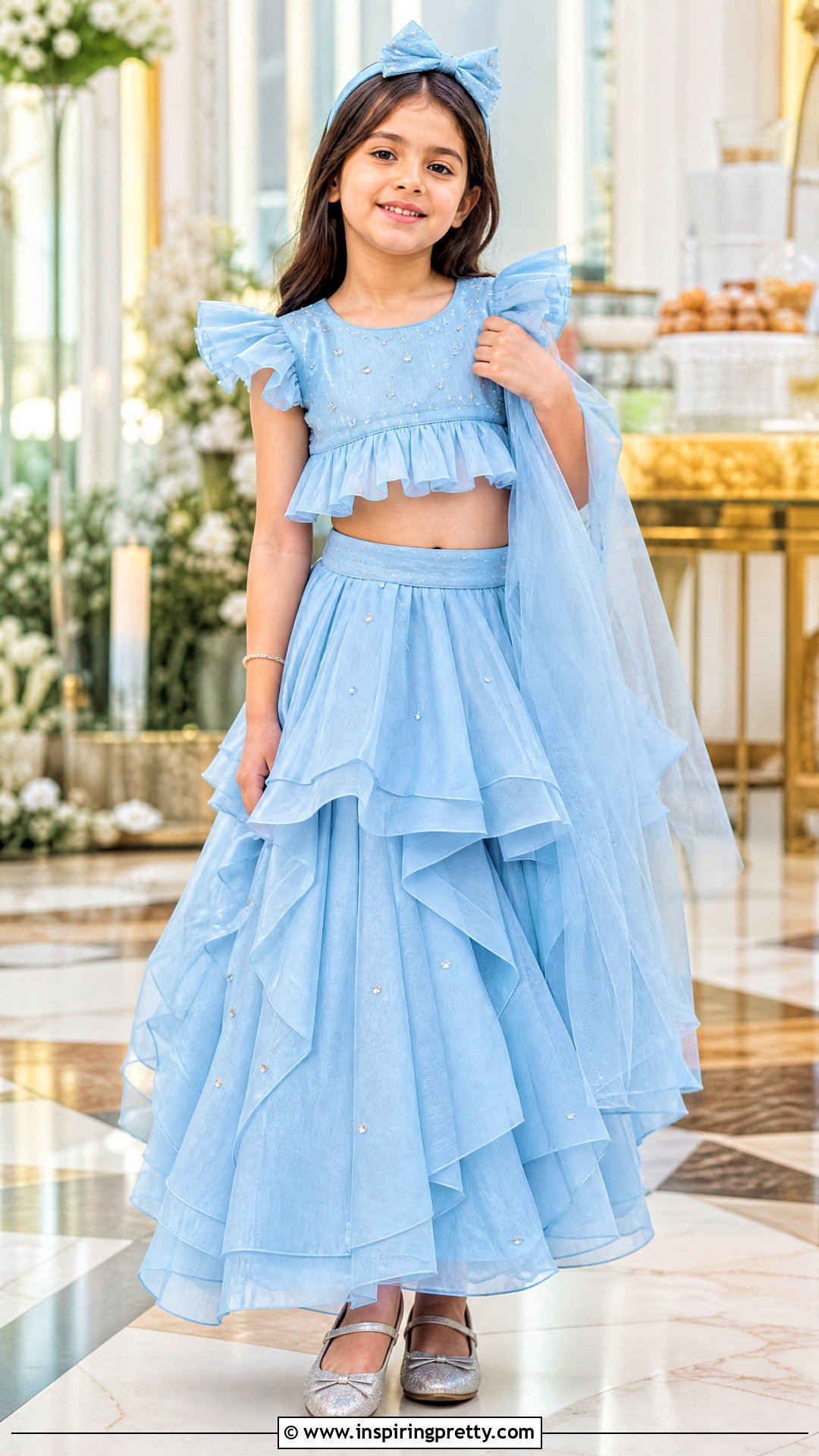 Sky Blue Frill Kids Crop Top Lehenga - 50 kids crop top lehenga designs