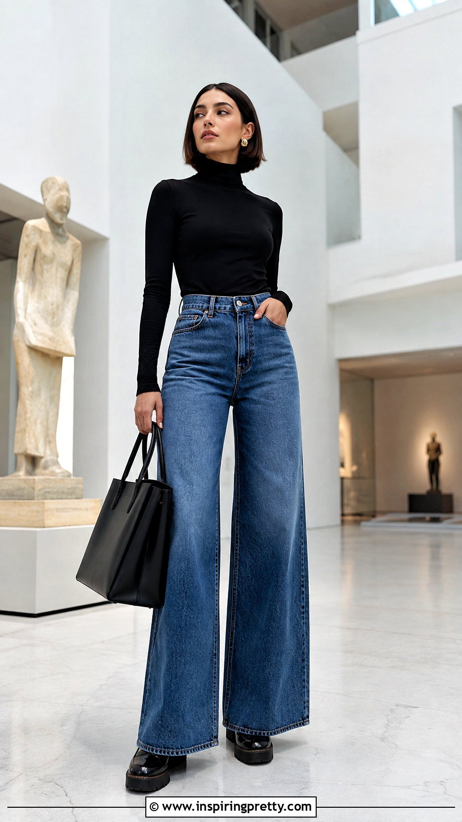 Sleek Bob With Wide Leg Jeans And Turtleneck - 50 hairstyles for jeans and tops