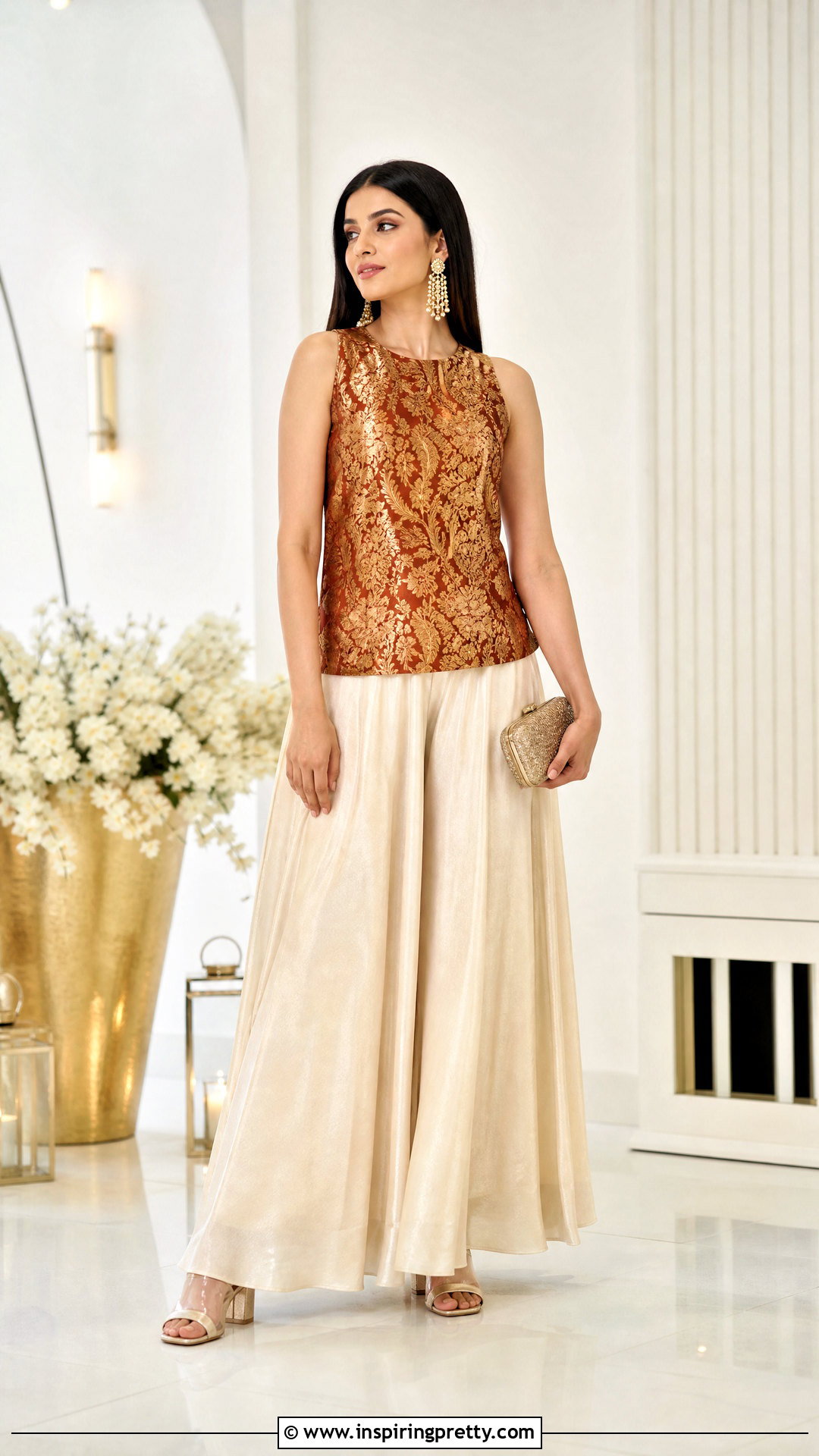 Sleeveless Brocade Top With Palazzo Pants - 50 brocade top designs