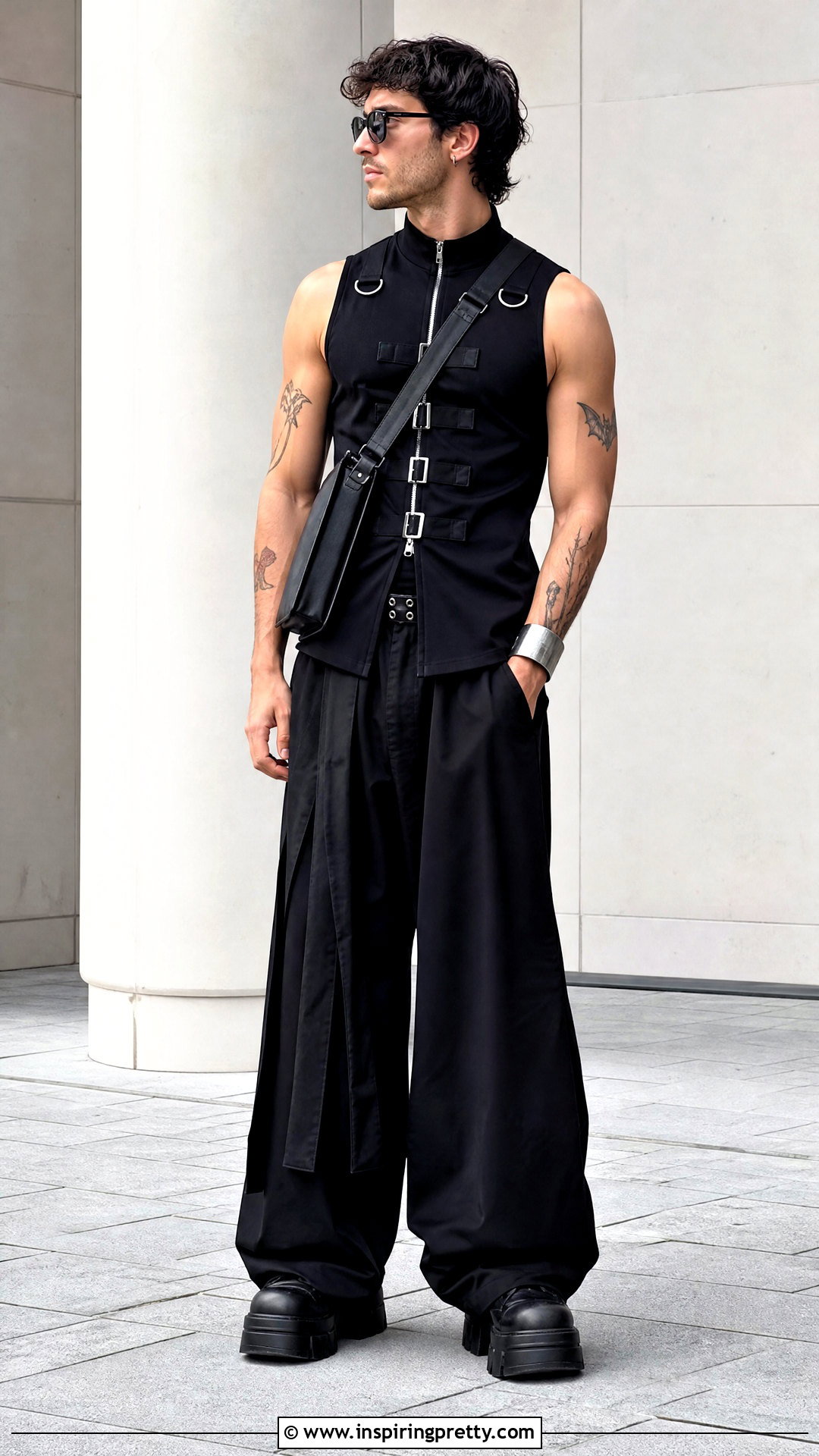 Sleeveless Buckle Goth Top With Wide Leg Pants - 25 goth tops men