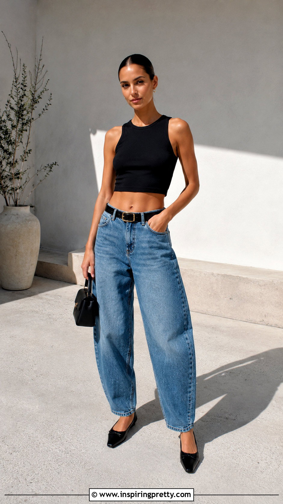 Sleeveless Crop Top With Barrel Jeans - 50 sleeveless crop top outfit ideas