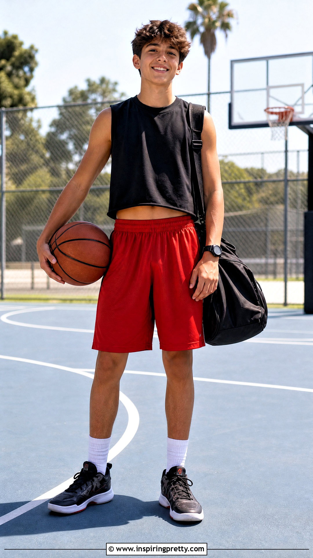 Sleeveless Crop Top With Basketball Shorts - 50 boys in crop tops outfit ideas