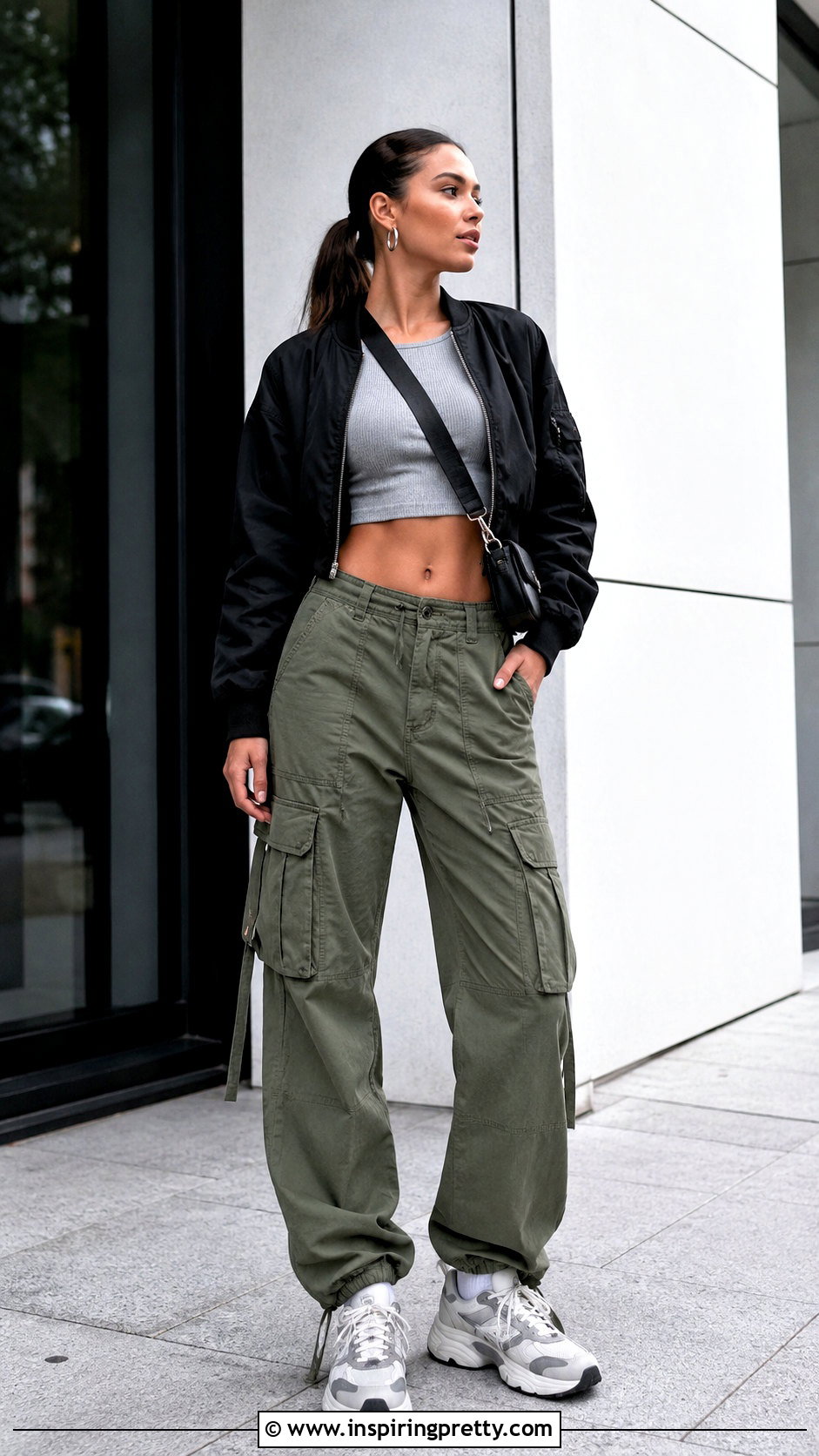 Sleeveless Crop Top With Bomber Jacket And Cargo Pants - 50 sleeveless crop top outfit ideas