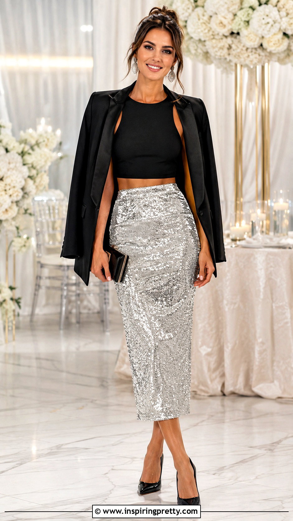 Sleeveless Crop Top With Sequin Skirt - 50 sleeveless crop top outfit ideas
