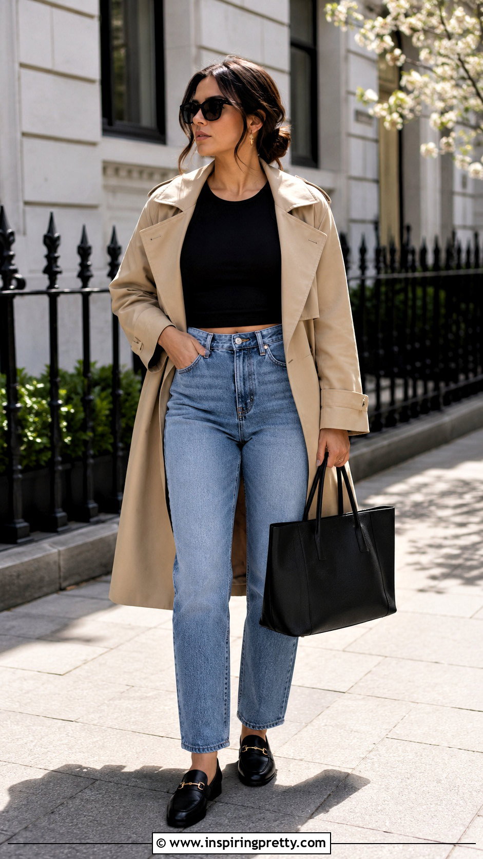 Sleeveless Crop Top With Trench Coat And Jeans - 50 sleeveless crop top outfit ideas