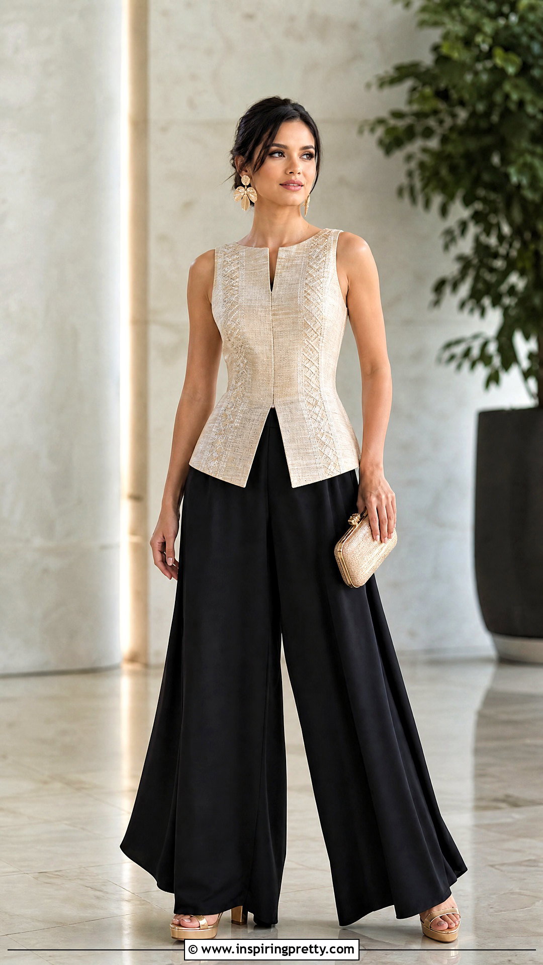 Sleeveless Filipiniana Top With Palazzo Pants - 50 filipiniana top outfit ideas