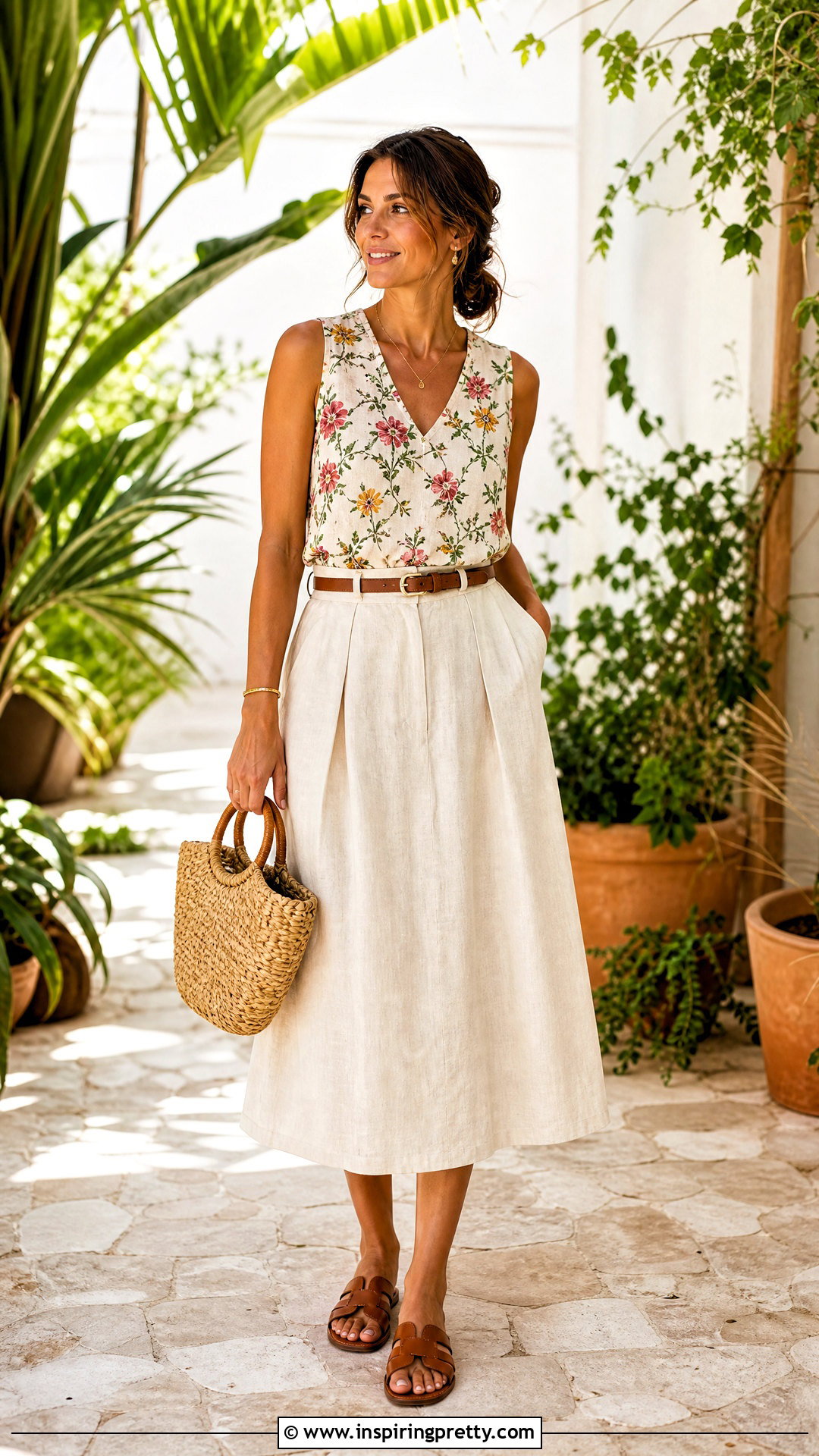 Sleeveless Floral Top With Linen Midi Skirt - 50 floral tops for women
