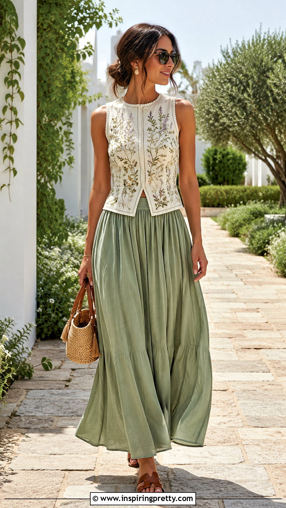 Sleeveless Handmade Embroidered Top With Maxi Skirt - 20 handmade embroidered top outfit ideas