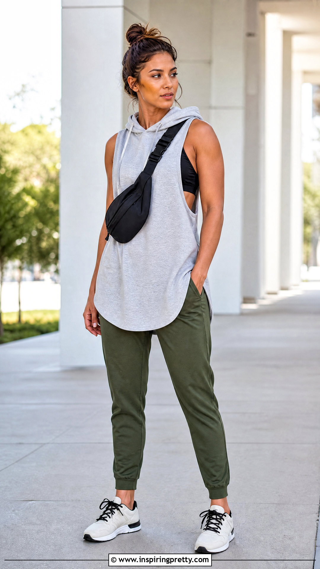 Sleeveless Hooded Long Workout Top With Joggers - 25 Long Workout Tops outfit ideas
