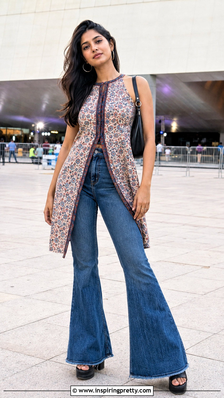 Sleeveless Kurti With Flared Jeans - 50 kurti tops outfit ideas