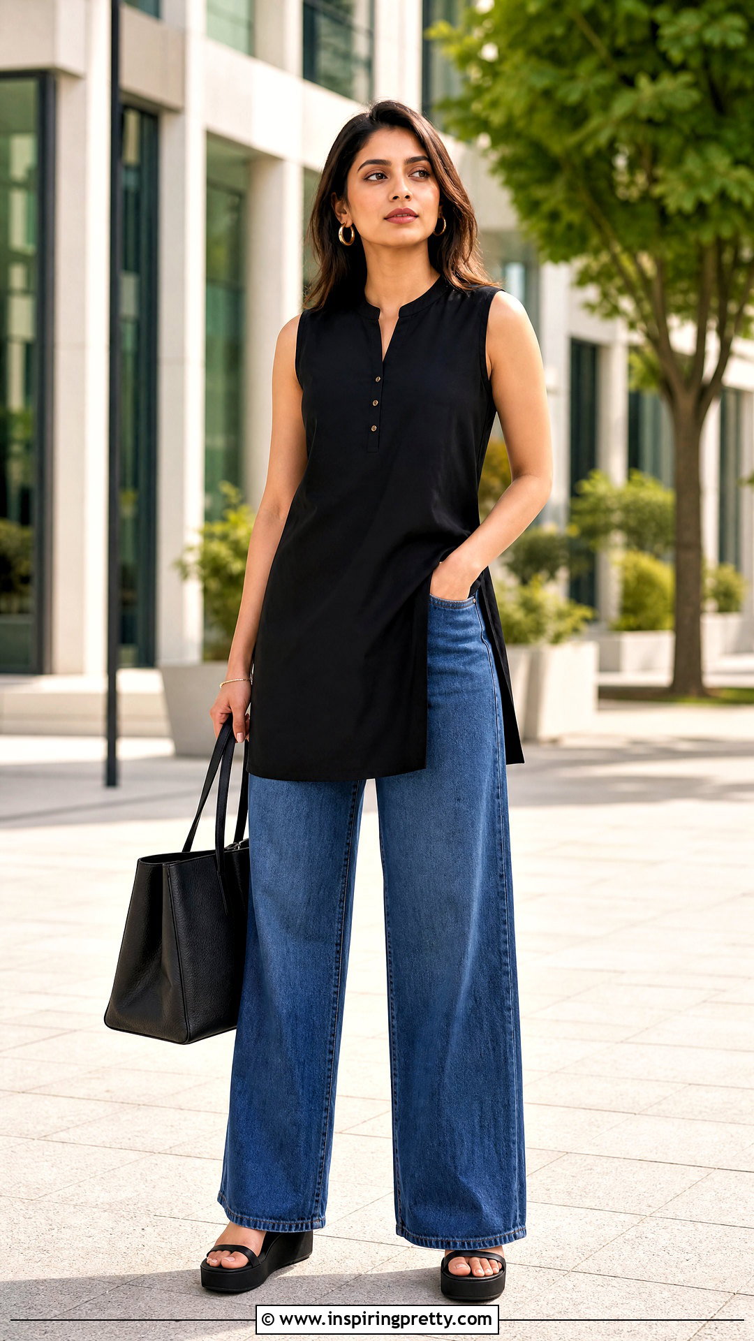 Sleeveless Kurti With Wide Leg Jeans - 50 kurti tops for jeans