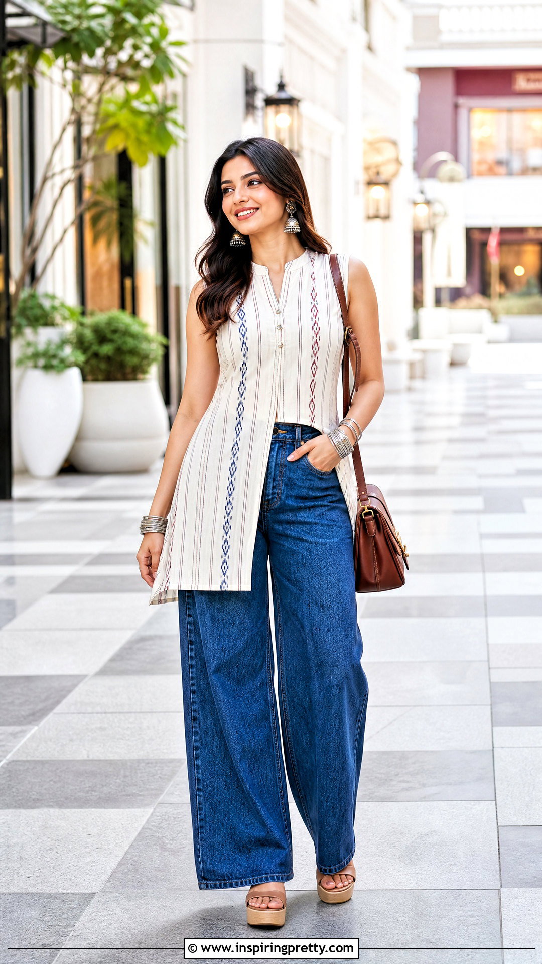 Sleeveless Kurti With Wide Leg Jeans - 50 jeans tops indian style for women