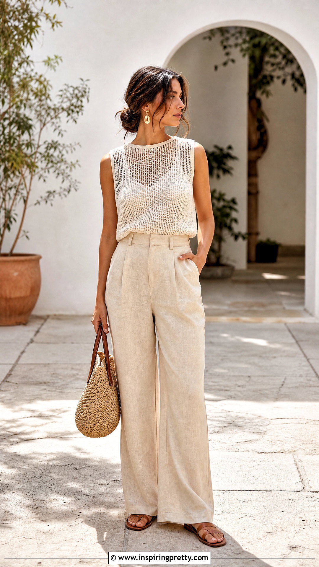 Sleeveless Mesh Top With Linen Pants - 50 mesh top outfit classy ideas