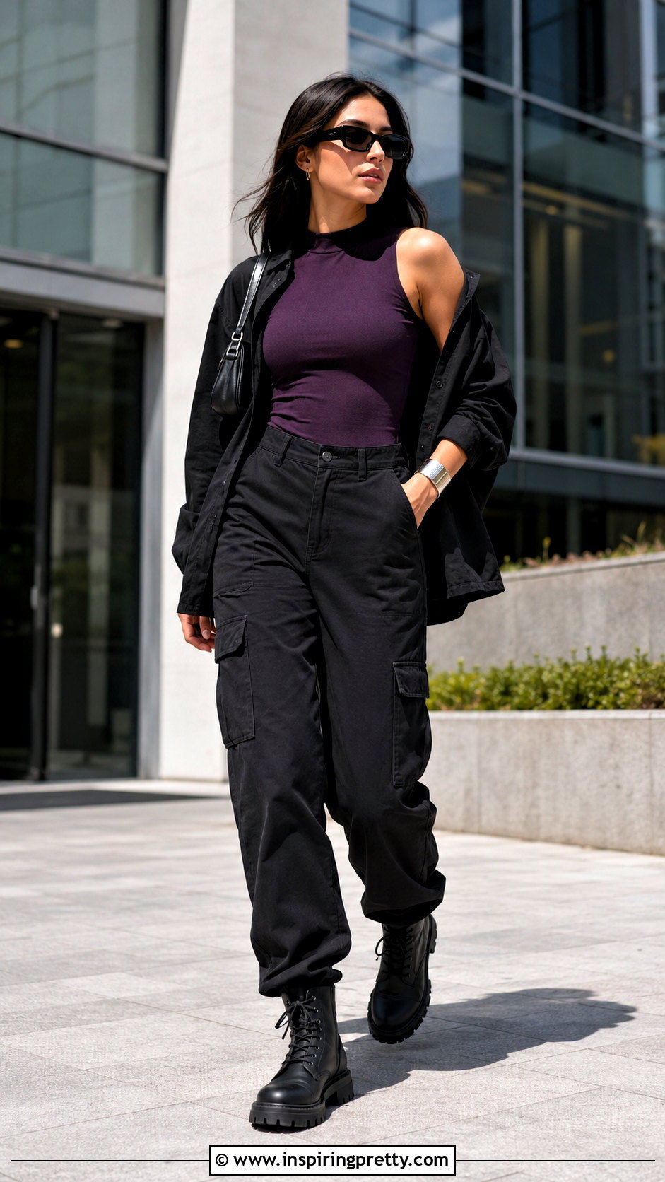 Sleeveless Mock Neck Top With Cargo Trousers - 50 alt tops outfit ideas