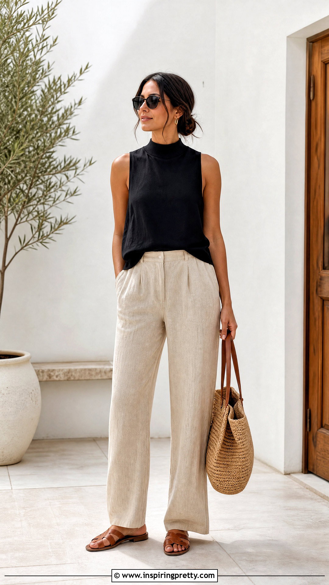 Sleeveless Mock Neck Top With Linen Pants - 50 mock neck top outfit ideas